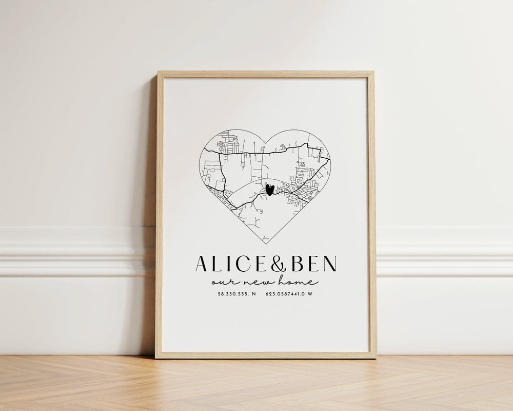 New Home Gift Map Print, New Home Heart Map, Personalised First Home Map, Personalised Housewarming Map Print, New Home Moving Gift Print - Glam and Co 