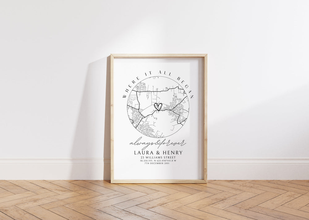 Personalised Anniversary Gift Map Print - Where it all began, Map Gift for Her Wife Girlfriend, Map Gift for Him Husband Boyfriend