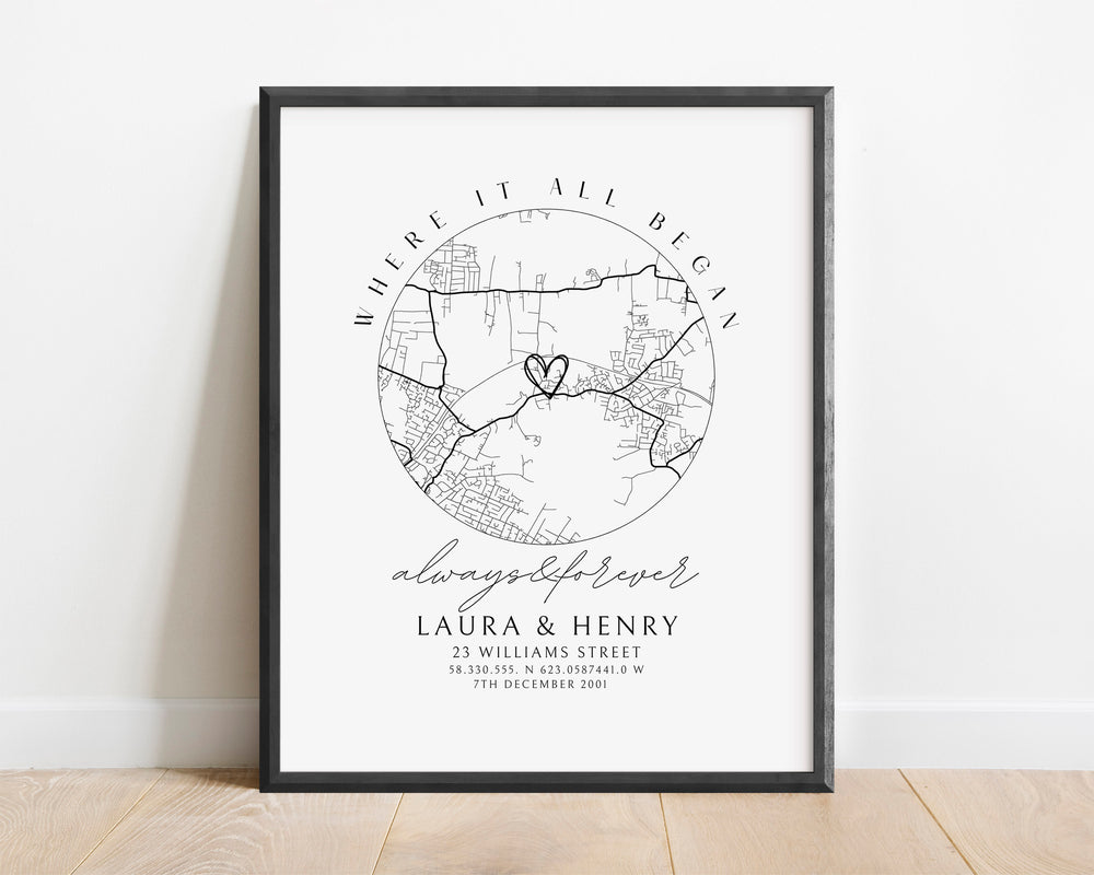 Personalised Anniversary Gift Map Print - Where it all began, Map Gift for Her Wife Girlfriend, Map Gift for Him Husband Boyfriend