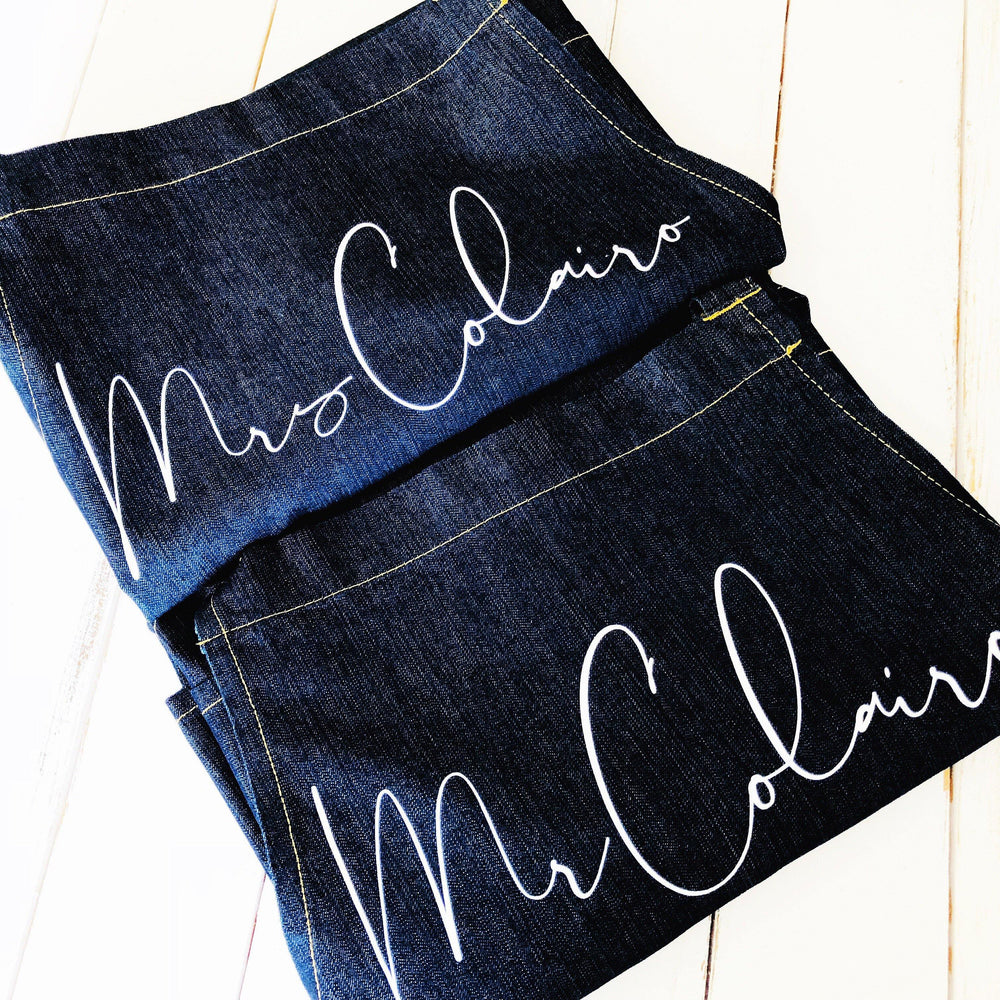 Mr and Mrs Gift Ideas | Personalised Denim Apron | Personalised Apron for Mr and Mrs | Gift ideas for Weddings | Him and Her Gift Ideas - Glam & Co Designs Ltd