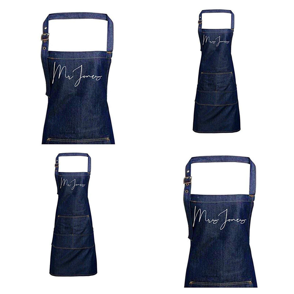 Mr and Mrs Gift Ideas | Personalised Denim Apron | Personalised Apron for Mr and Mrs | Gift ideas for Weddings | Him and Her Gift Ideas - Glam & Co Designs Ltd