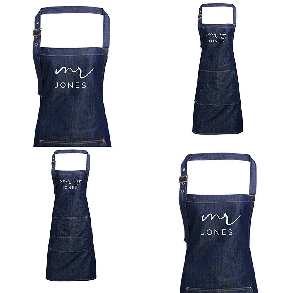 Mr and Mrs Gift Ideas | Personalised Denim Apron | Personalised Apron for Mr and Mrs | Gift ideas for Weddings | Him and Her Gift Ideas - Glam & Co Designs Ltd