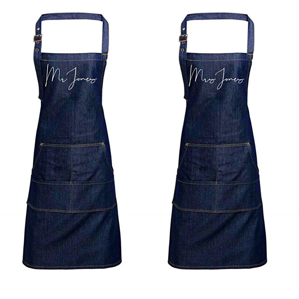 Mr and Mrs Gift Ideas | Personalised Denim Apron | Personalised Apron for Mr and Mrs | Gift ideas for Weddings | Him and Her Gift Ideas